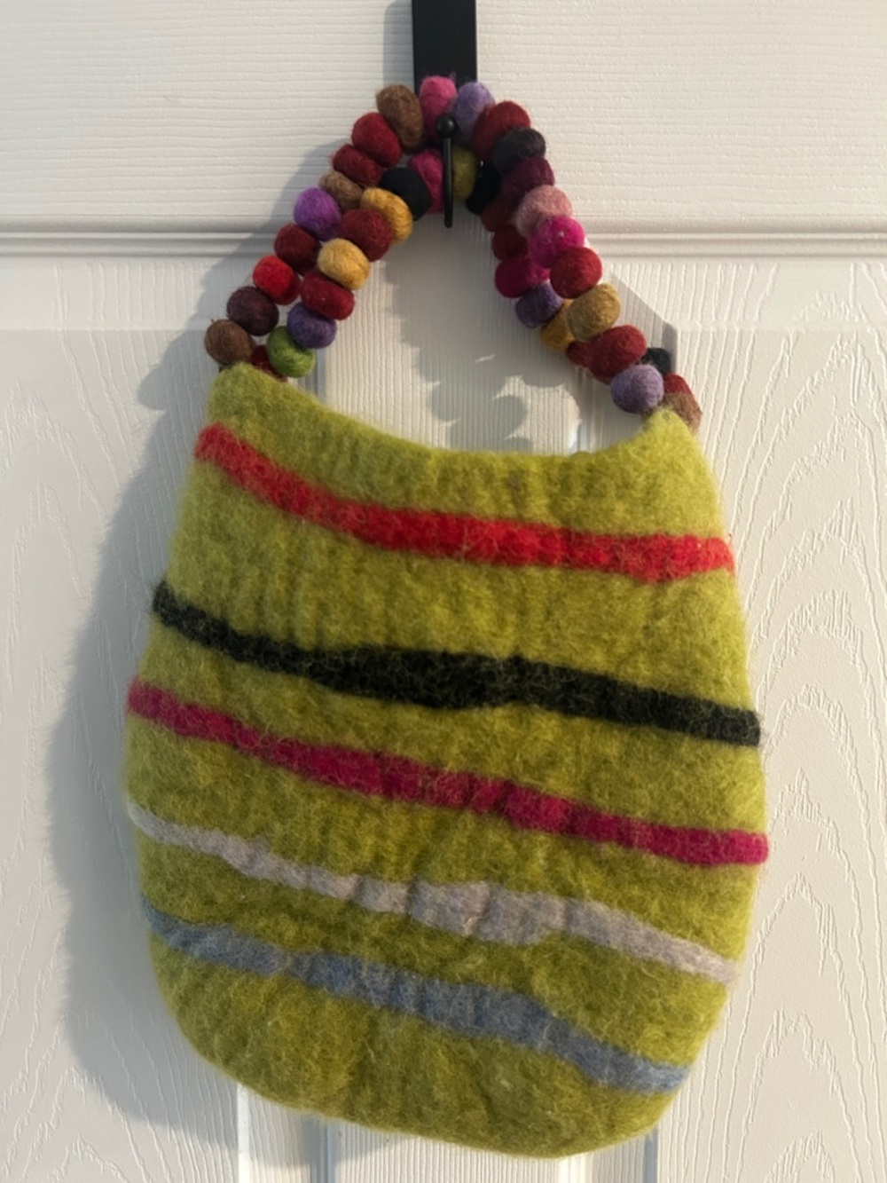 Felted Wool Stripe  Bag in Lime Green with Multicolor Bead Handle